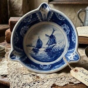 Antique Dutch Delft Blue White Windmill Porringer Bowl Lug Handles 1702 Marked